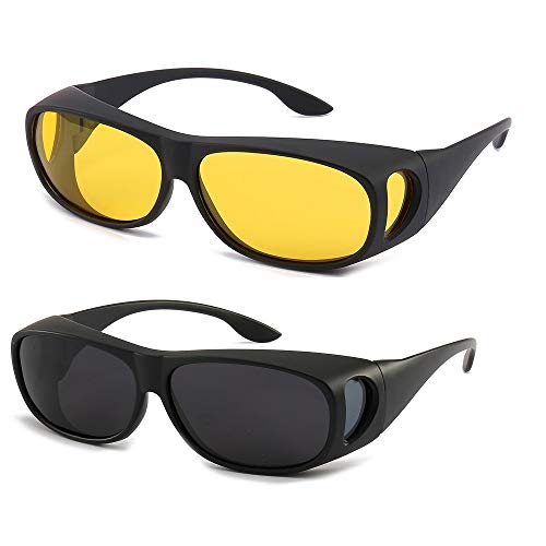 HD Night Day Vision Driving Wrap Around Anti Glare Sunglasses with Polarized Lens for Man and Women (sand black frame black lens+ sand black frame yellow lens))