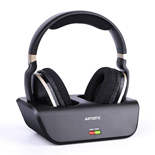 ARTISTE Wireless TV Headphones with Optical for Smart TV, Digital Stereo and 2.4GHz RF Transmitter and Charging Station, 100 foot Range and Rechargeable 20 Hours Battery, Black and Gold