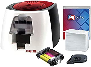 Badgy100 Color Plastic ID Card Printer with Complete Supplies Package with Photo ID Camera & Bodno ID Software - Bronze Edition