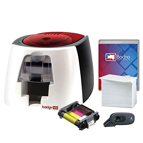 Badgy100 Color Plastic ID Card Printer with Complete Supplies Package with Photo ID Camera & Bodno ID Software - Bronze Edition