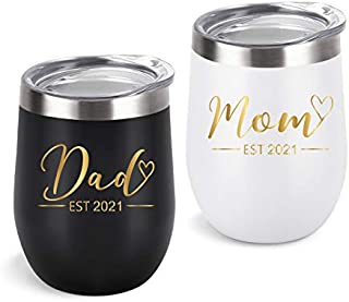 Mom and Dad Wine Tumbler Set Est 2021, Funny Christmas Gifts for New Parents New Pregnancy New Dad New Mom Anniversary, Stainless Steel Insulated Tumbler with Lid Golden Words(12oz, Black and White)