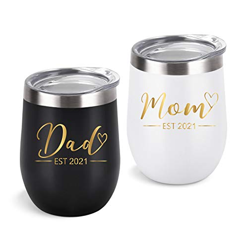 Mom and Dad Wine Tumbler Set Est 2021, Funny Christmas Gifts for New Parents New Pregnancy New Dad New Mom Anniversary, Stainless Steel Insulated Tumbler with Lid Golden Words(12oz, Black and White)