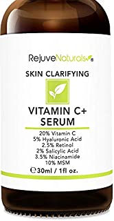 Vitamin C Serum Plus 5% Hyaluronic Acid, 2.5% Retinol, 2% Salicylic Acid, 3.5% Niacinamide, 10% MSM, 20% Vitamin C - Anti Aging Anti Wrinkle Skin Clearing Serum Organic Skin Care for Face and Eyes 1oz