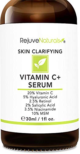 Vitamin C Serum Plus 5% Hyaluronic Acid, 2.5% Retinol, 2% Salicylic Acid, 3.5% Niacinamide, 10% MSM, 20% Vitamin C - Anti Aging Anti Wrinkle Skin Clearing Serum Organic Skin Care for Face and Eyes 1oz