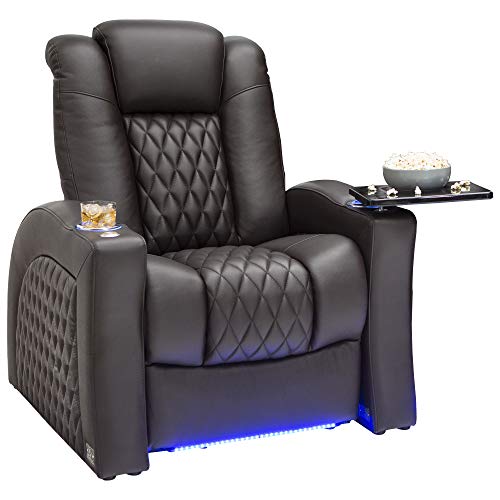 Seatcraft Stanza - Home Theater Seating - Power Recliner - Leather - Adjustable Powered Headrest and Lumbar Support - Lighted Cup Holders - USB Charging - Base Lighting - SoundShaker - Brown