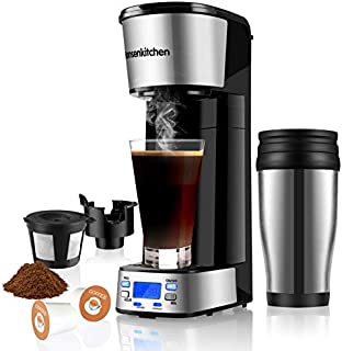 Programmable Singles Serve Coffee Makers With Portable Travel Mug Compatible with K Cup Pod & Coffee Ground, Mini 2 In 1 Coffee Maker Machines 14 Oz Reservoir Brew Strength Control Small Coffee Brewer Machine for office Home KitchenBZ-US-CM8006