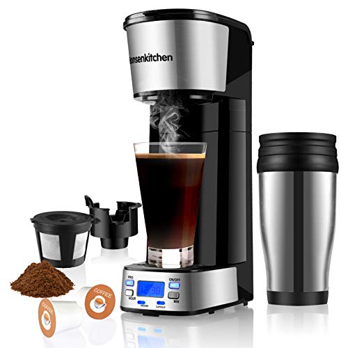 Programmable Singles Serve Coffee Makers With Portable Travel Mug Compatible with K Cup Pod & Coffee Ground, Mini 2 In 1 Coffee Maker Machines 14 Oz Reservoir Brew Strength Control Small Coffee Brewer Machine for office Home KitchenBZ-US-CM8006