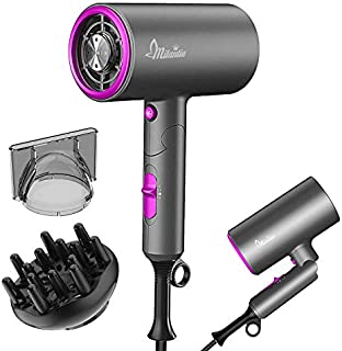 Ionic Hair Dryer, Milantia Blow Dryer with Diffuser and Nozzle, Mini Foldable Negative Ion Hairdryer for Home and Travel - 3 Heating / 2 Speed / Cold Settings