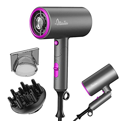 Ionic Hair Dryer, Milantia Blow Dryer with Diffuser and Nozzle, Mini Foldable Negative Ion Hairdryer for Home and Travel - 3 Heating / 2 Speed / Cold Settings