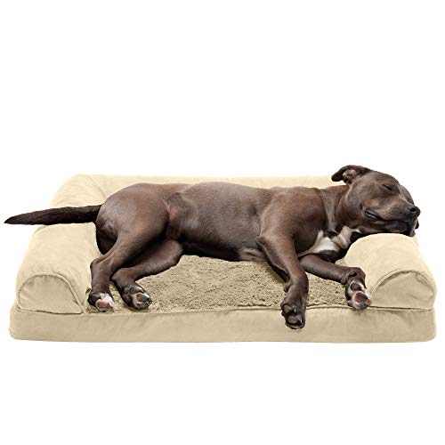 Furhaven Pet Dog Bed - Orthopedic Ultra Plush Faux Fur and Suede Traditional Sofa-Style Living Room Couch Pet Bed with Removable Cover for Dogs and Cats, Clay, Large