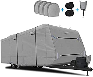 RVMasking Upgraded Waterproof & Windproof Travel Trailer RV Cover Camper Cover 18' - 20' - 6 Layers Top Prevent Top Tearing Caused by Sun Exposure with 4 Tire Covers Tongue Jack Cover