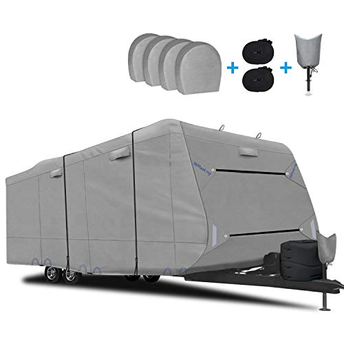 RVMasking Upgraded Waterproof & Windproof Travel Trailer RV Cover Camper Cover 18' - 20' - 6 Layers Top Prevent Top Tearing Caused by Sun Exposure with 4 Tire Covers Tongue Jack Cover