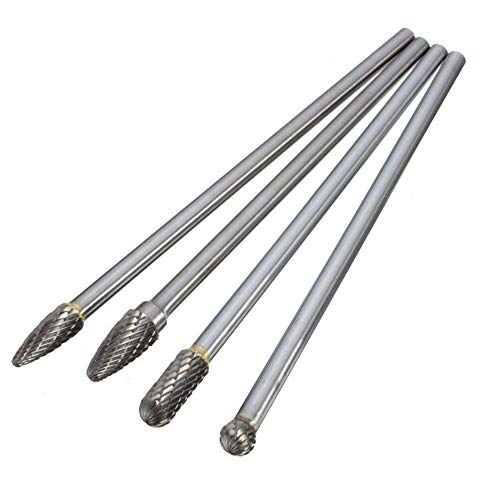 4 Pcs Carbide Rotary Burr Set, 1/4-Inch Long Shank Tungsten Steel Head Burr Bit Set Fits Rotary Tool for Wood/Metal Drilling Carving Engraving