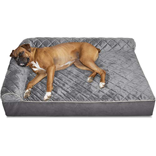 Furhaven Pet Dog Bed - Deluxe Orthopedic Goliath Quilted Faux Fur and Velvet L Shaped Chaise Lounge Living Room Corner Couch Pet Bed with Removable Cover for Dogs and Cats, Gray, 2XL