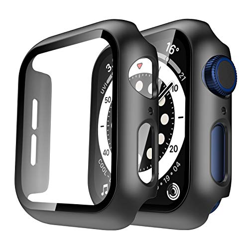 Tauri 2 Pack Hard Case Compatible for Apple Watch SE Series 6 5 4 44mm Built in 9H Tempered Glass Screen Protector Slim Bumper Touch Sensitive Full Protective Cover Compatible for iWatch 44mm - Black