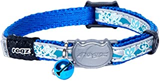 Rogz Reflective Cat Collar with Breakaway Clip and Removable Bell, fully adjustable to fit most breeds, Blue Floral Design