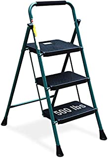 HBTower 3 Step Ladder, Folding Step Stool with Wide Anti-Slip Pedal, 500 lbs Sturdy Steel Ladder, Convenient Handgrip, Lightweight, Portable Steel Step Stool, Green and Black