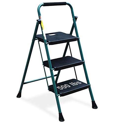 HBTower 3 Step Ladder, Folding Step Stool with Wide Anti-Slip Pedal, 500 lbs Sturdy Steel Ladder, Convenient Handgrip, Lightweight, Portable Steel Step Stool, Green and Black