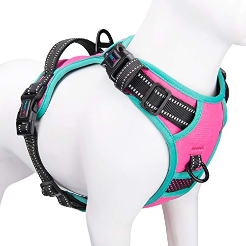 PHOEPET 2019 Upgraded No Pull Dog Harness, Reflective Adjustable Vest, with a Training Handle + 2 Metal Leash Hooks+ 3 Snap Buckles +4 Slide Buckles(M, Pink)