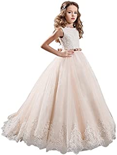 KissAngel Ivory Long Lace Flower Girl Dresses Champagne Less Party Dress (6, Ivory &Champagne)