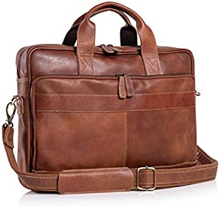 KomalC 16 Inch Leather briefcases Laptop Messenger Bags for Men and Women Best Office School College Satchel Bag (TAN)