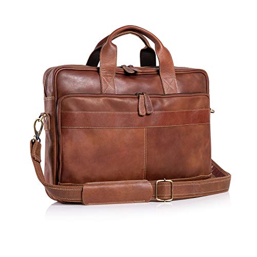 KomalC 16 Inch Leather briefcases Laptop Messenger Bags for Men and Women Best Office School College Satchel Bag (TAN)