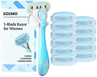 Amazon Brand - Solimo 5-Blade Razor for Women, Handle, 12 Cartridges & Shower Hanger (Cartridges fit Solimo Razor Handles only)