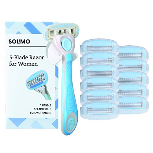 Amazon Brand - Solimo 5-Blade Razor for Women, Handle, 12 Cartridges & Shower Hanger (Cartridges fit Solimo Razor Handles only)