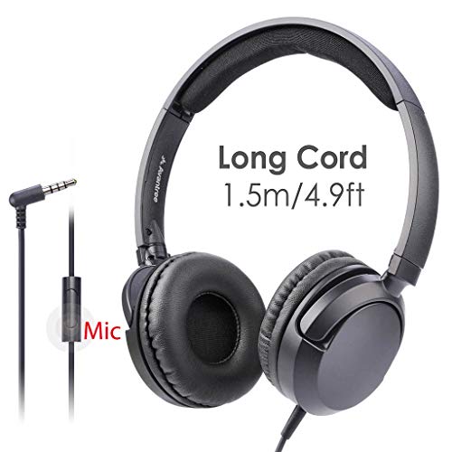 Avantree Superb Sound Wired On Ear Headphones with Microphone, 1.5M / 4.9FT Long Cord with Mic for Adults, Students, Kids, Comfortable Headsets for Computer, Laptop, Tablet, Phone - 026 Black