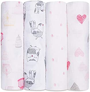 aden + anais Swaddle Blanket | Boutique Muslin Blankets for Girls & Boys | Baby Receiving Swaddles | Ideal Newborn & Infant Swaddling Set | Perfect Shower Gifts, 4 Pack, Love Bird