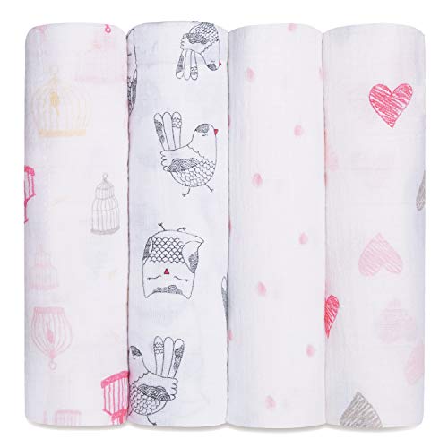 aden + anais Swaddle Blanket | Boutique Muslin Blankets for Girls & Boys | Baby Receiving Swaddles | Ideal Newborn & Infant Swaddling Set | Perfect Shower Gifts, 4 Pack, Love Bird