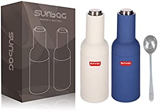 Sunbag Electric Gravity Salt and Pepper Grinder,Fashion Bottle Style,Battery Operated Automatic Salt and Pepper Mill with Adjustable Coarseness,One Handed Operation,Stainless steel spoon(white&blue)