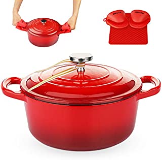 KUTIME Cast Iron Dutch Oven 6 Quart Enameled Dutch Oven, Bread Baking Pot with Lid, Red