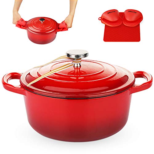 KUTIME Cast Iron Dutch Oven 6 Quart Enameled Dutch Oven, Bread Baking Pot with Lid, Red