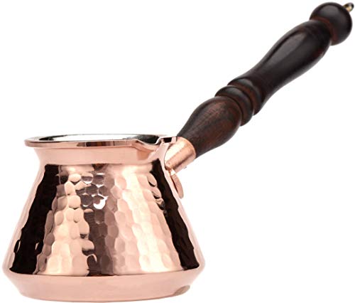 DEMMEX 9 Oz Thickest Turkish Greek Arabic Hammered Copper Coffee Pot Stovetop Coffee Maker Cezve Ibrik Briki with Wooden Handle & Wooden Pot Spoon, for 3 People (Copper)