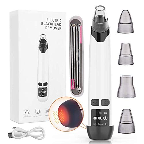 Blackhead Remover Vacuum, USB Rechargeable Facial Pore Cleaner Electric Acne Comedone Extractor Kit with Hot Compress Including 4 Suction Head and 3 Adjustable Suction for Women and Men