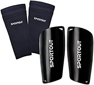 Sportout Adult Youth Kids Soccer Shin Guards,Comprehensive Protection for Your Leg, with Cushioned Ankle Protection to Prevent Injuries (Black-1, L)