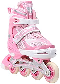 Banwei Adjustable Small Pink Inline Skates for Girls and Boys Size 13.5J to 6 Illuminating Front Wheel Safe Durable Roller Skates Outdoor Indoor Use