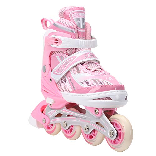 Banwei Adjustable Small Pink Inline Skates for Girls and Boys Size 13.5J to 6 Illuminating Front Wheel Safe Durable Roller Skates Outdoor Indoor Use