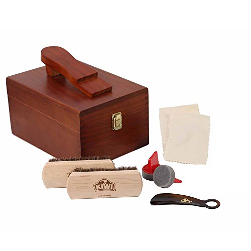 Kiwi Select Shoe Shine Care Kit Valet II Wooden Box w/ 8 pc Content - NO SHOE POLISH INCLUDED