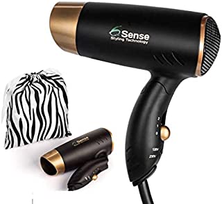 Travel Hair Dryer Dual Voltage Meets UL 859 Standards Compact Folding Handle 1200 Watts Lightweight for Worldwide Use Gym or Home 2 Speed/Heat Settings and Carry Bag (Black & Gold)