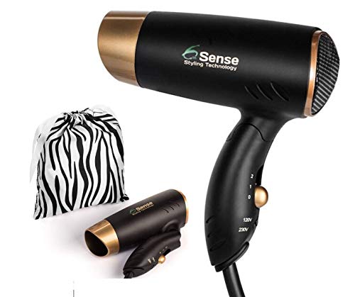 Travel Hair Dryer Dual Voltage Meets UL 859 Standards Compact Folding Handle 1200 Watts Lightweight for Worldwide Use Gym or Home 2 Speed/Heat Settings and Carry Bag (Black & Gold)