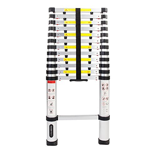 Luisladders 12.5ft Aluminum Telescopic Extension Ladder Extendable Telescoping EN131 Certified 330 lb Max Capacity with Spring Load Locking Mechanism Anti-Pinch & Non-Slip