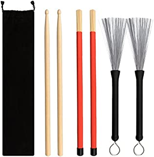 Petift Drum Sticks Set,1 Pair 5A Maple Wood Drum Sticks,1 Pair Retractable Drum Wire Brushes and 1 Pair Rods Drum Brushes set for Kids, Adults, Rock Band, Jazz Folk Students with Portable Storage Bag