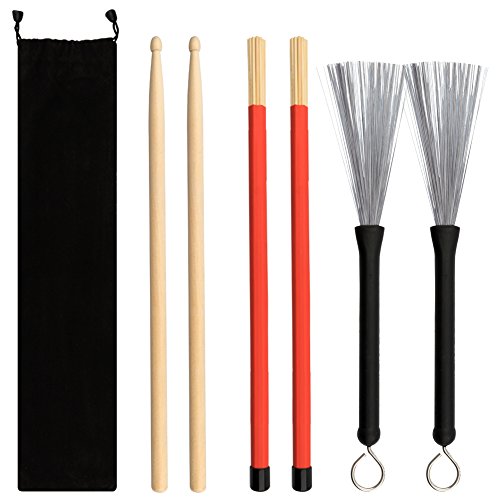 Petift Drum Sticks Set,1 Pair 5A Maple Wood Drum Sticks,1 Pair Retractable Drum Wire Brushes and 1 Pair Rods Drum Brushes set for Kids, Adults, Rock Band, Jazz Folk Students with Portable Storage Bag