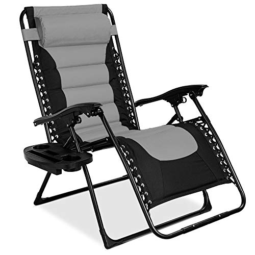 Best Choice Products Oversized Padded Zero Gravity Chair, Folding Outdoor Patio Recliner for Backyard, Beach w/Headrest, Side Tray, Textilene Mesh - Gray