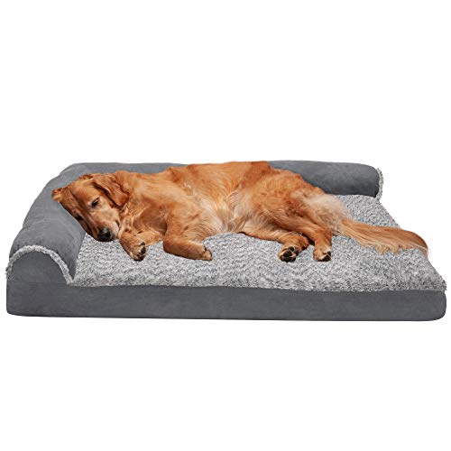 Furhaven Pet Dog Bed - Deluxe Orthopedic Two-Tone Plush and Suede L Shaped Chaise Lounge Living Room Corner Couch Pet Bed with Removable Cover for Dogs and Cats, Stone Gray, Jumbo