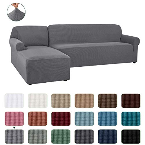 CHUN YI 2 Pieces L-Shaped Left Chaise Jacquard Polyester Stretch Fabric Sectional Sofa Slipcovers Dust-Proof L Shape Corner 2 Seats Sofa Cover Set for Living Room (Light Gray)