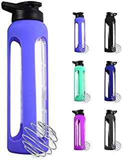 32 Oz Glass Water Bottle With Leak Proof Sport Lid Shaker Ball Silicone Sleeve 1L Time Marked Measurements BPA Free For To Go Travel Gym Home Reusable Water Tracking Daily Intake Hot Safe (Lavender)