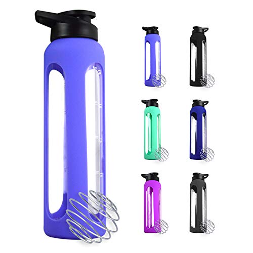 32 Oz Glass Water Bottle With Leak Proof Sport Lid Shaker Ball Silicone Sleeve 1L Time Marked Measurements BPA Free For To Go Travel Gym Home Reusable Water Tracking Daily Intake Hot Safe (Lavender)